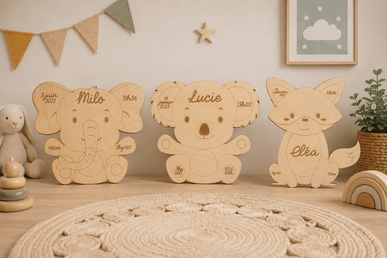 Plaques de naissance personnalisées en bois