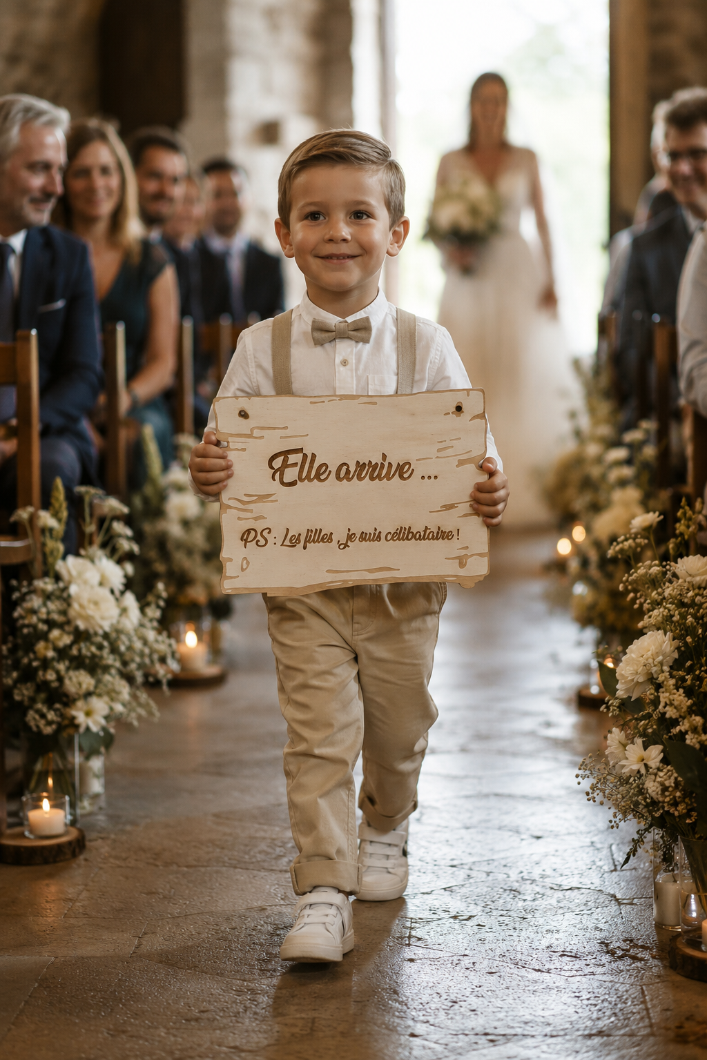 Enfant portant une pancarte personnalisée pour annoncer l'arrivée de la mariée
