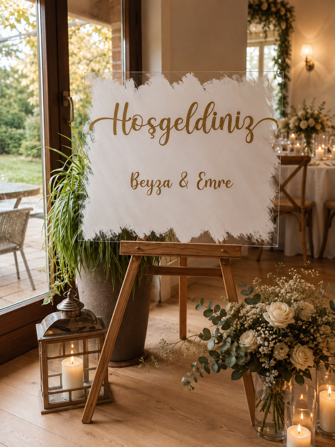 Panneau de bienvenue en plexiglas personnalisé avec décoration de mariage